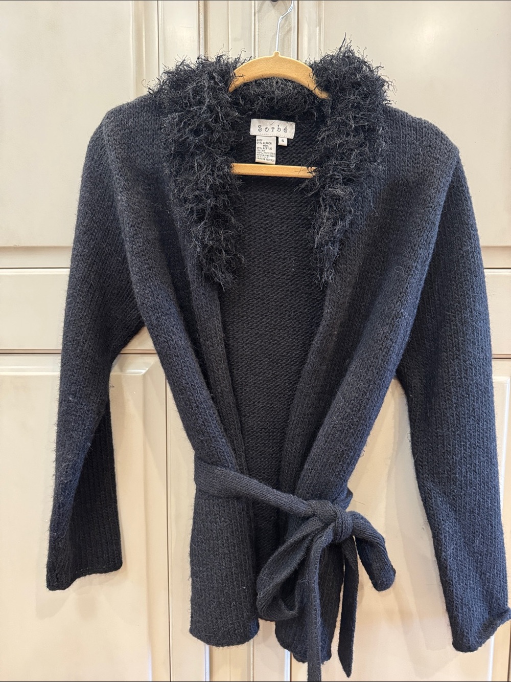 Sorbet Black Open-Front Knit Cardigan with Fuzzy Collar